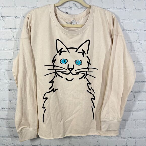 Marushka Sweatshirt Women Medium Cream Oversized Cat Lover Hand Printed Sweater - Picture 1 of 14